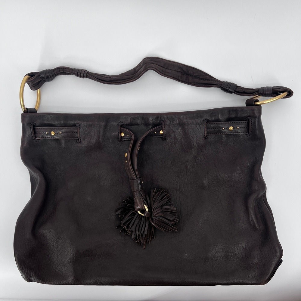 Sigrid Olsen Leather Shoulder Bag Tote Studded Tassel Detail Boxy Brown Edgy